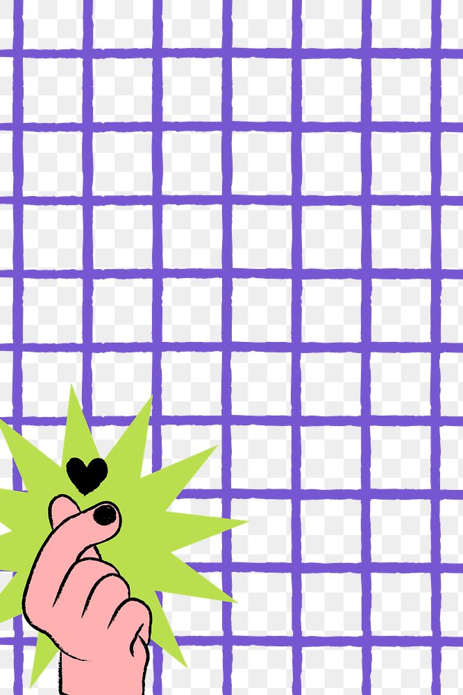 Funky purple png transparent background, grid pattern with mini-heart hand doodle