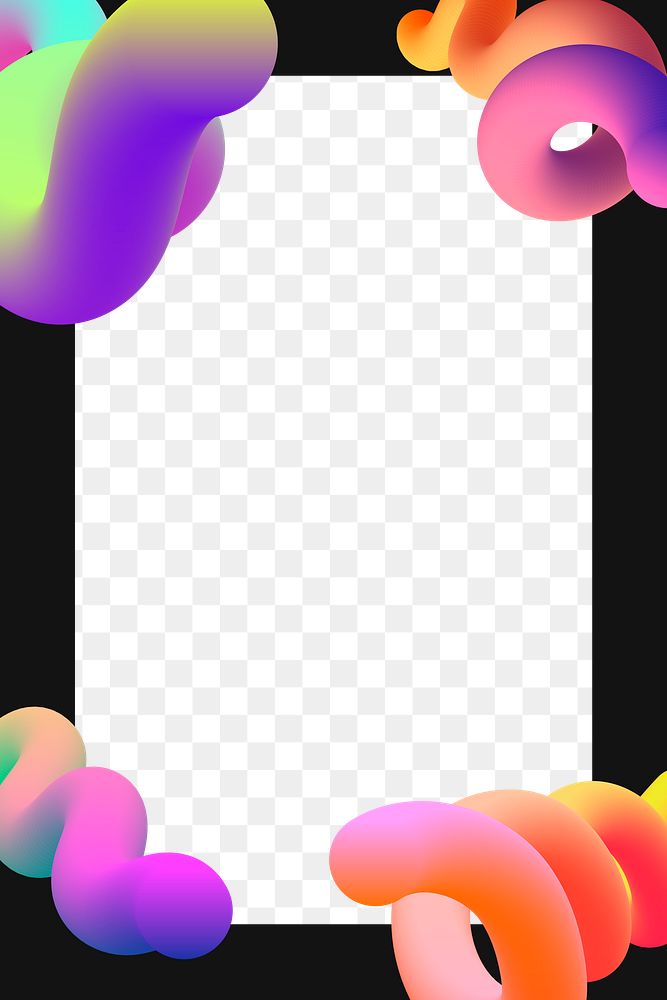 Abstract black png frame, colorful fluid shapes on transparent background