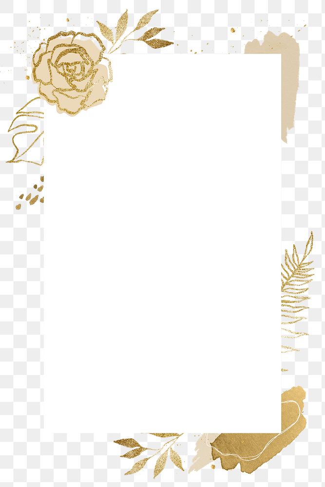 Golden flower png frame, simple botanical design for wedding card, transparent background