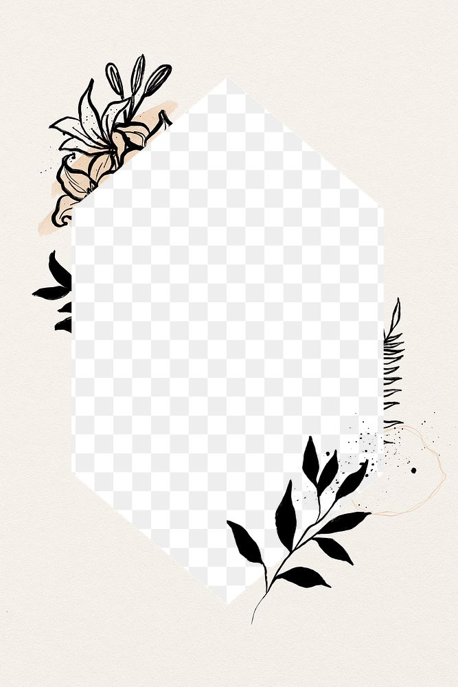 Botanical hexagon png frame, simple pastel illustration, transparent design