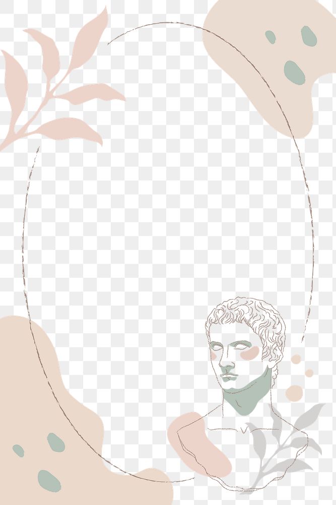 Png frame, Greek male head sculpture, floral design