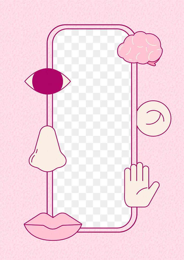 Cute png frame, five senses pink illustration transparent background
