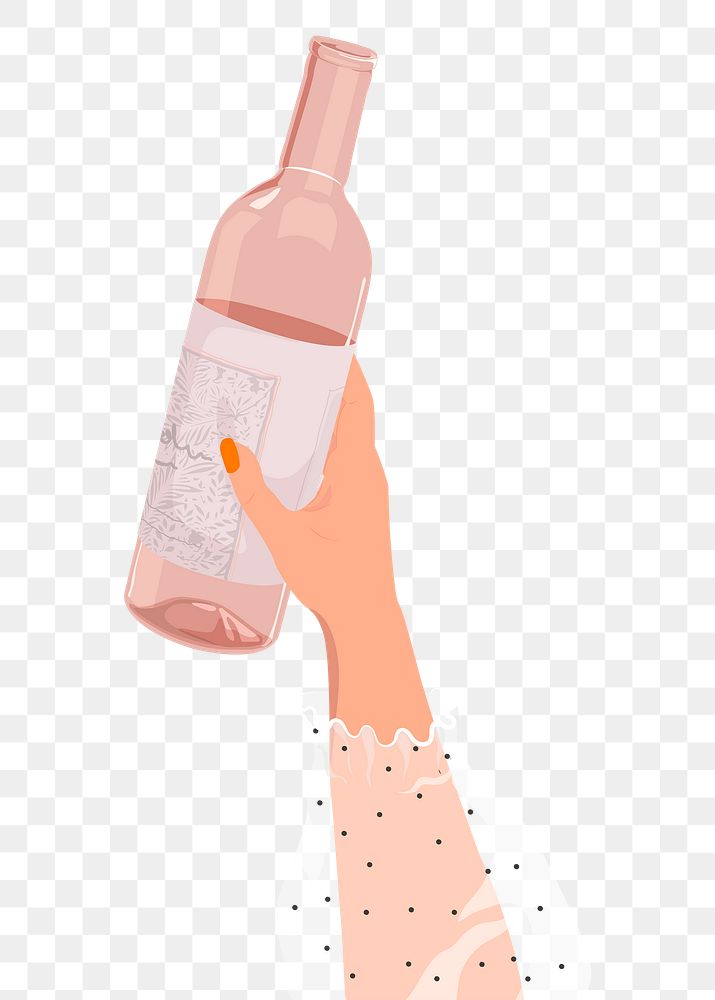 Rose wine bottle png sticker, held by woman drink illustration design