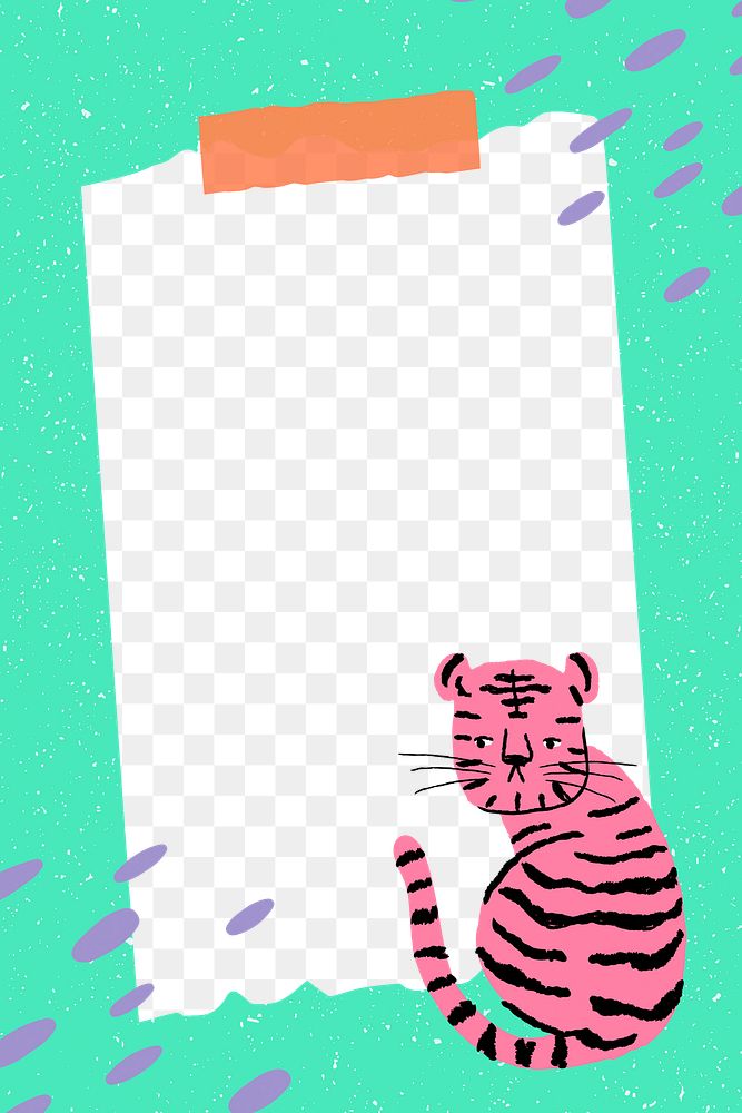 Sticky note png frame, transparent background, tiger doodle