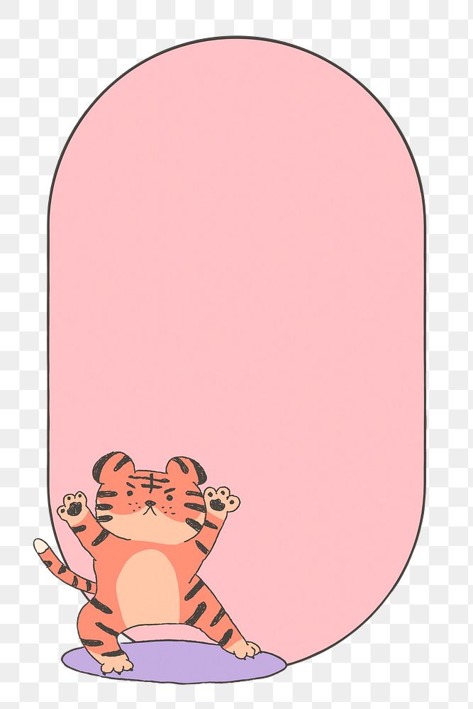 Tiger rectangle png frame sticker, pink animal doodle