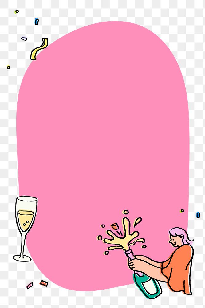 Popping champagne png frame sticker, celebration doodle on transparent background