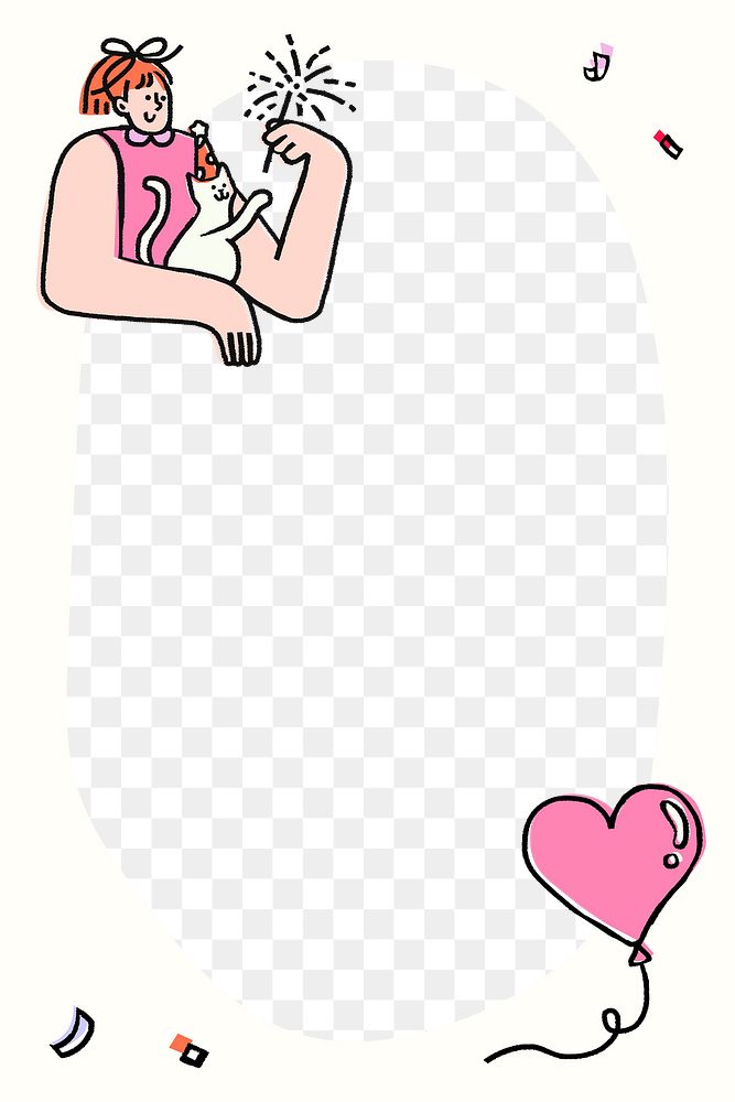 Cute Valentine's png frame, transparent background, woman and cat doodle