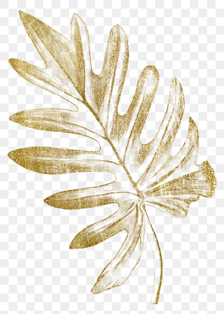 Tropical leaf png sticker, gold glitter design, transparent background