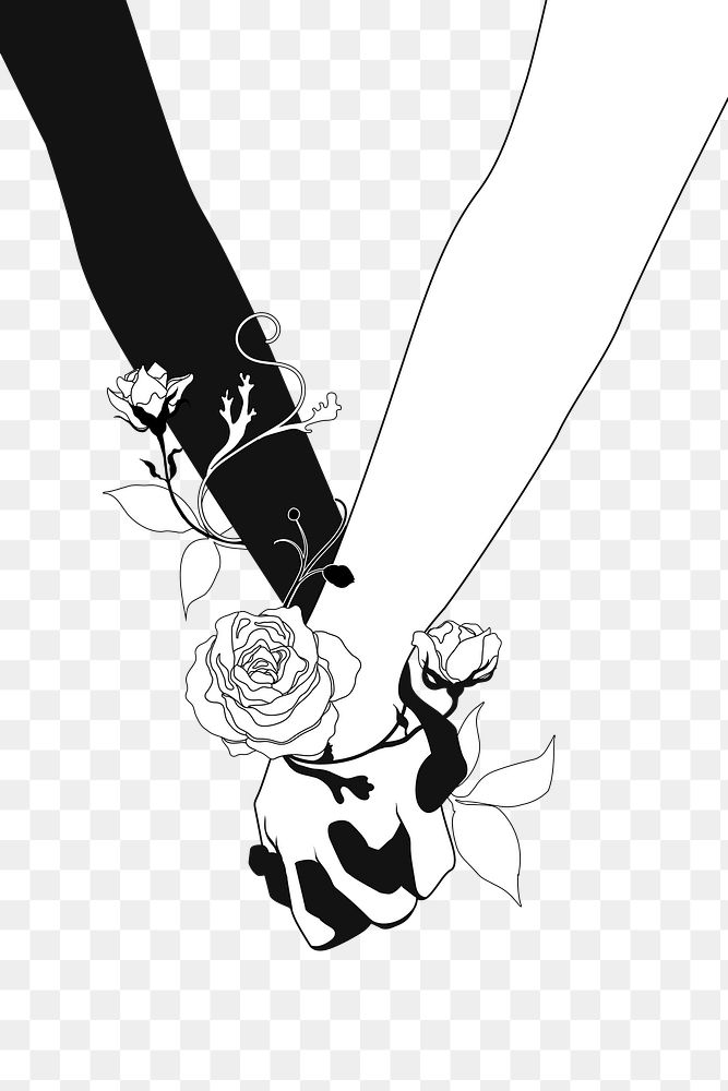 Holding hands png sticker, black and white, transparent background