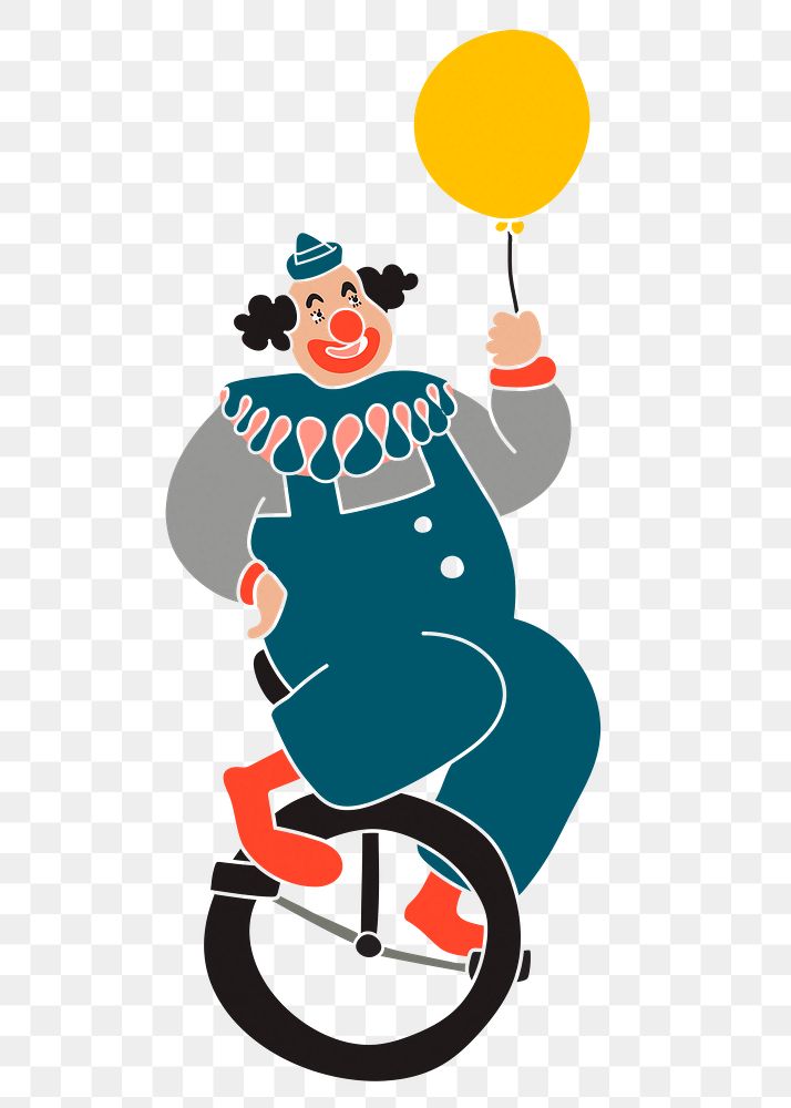 Png clown on unicycle sticker, circus performance, transparent background