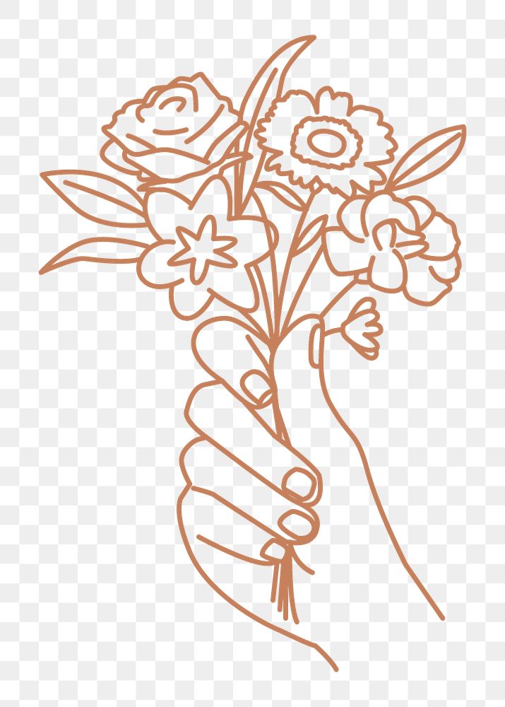 Hand png holding bouquet sticker, monoline illustration on transparent background