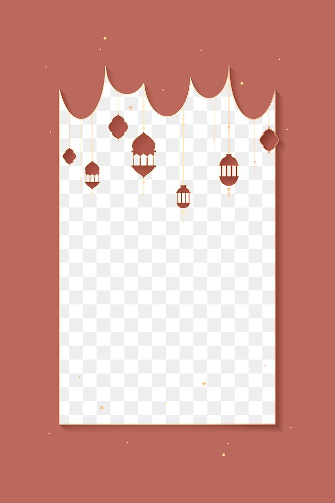 Png red Islamic rectangle frame with beautiful Ramadan lantern lights