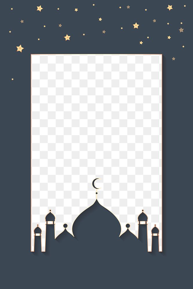 Png blue Islamic rectangle frame with beautiful mosque silhouette