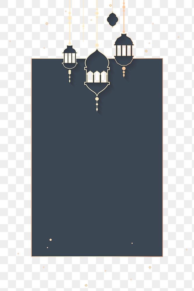 Png blue Islamic rectangle frame with beautiful Ramadan lantern lights