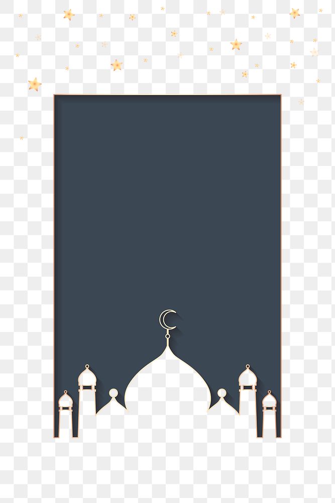 Png blue Islamic rectangle frame with beautiful mosque silhouette