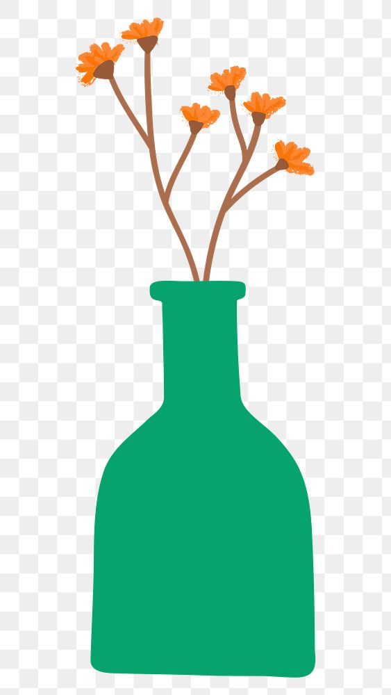 Orange doodle flowers in a green bottle on transparent
