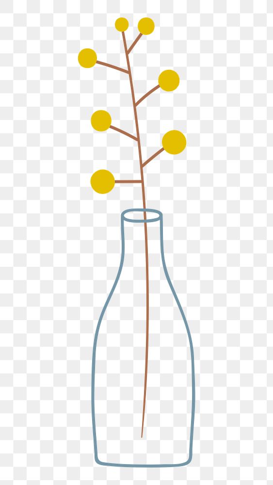 Yellow doodle flowers in a glass vase on transparent