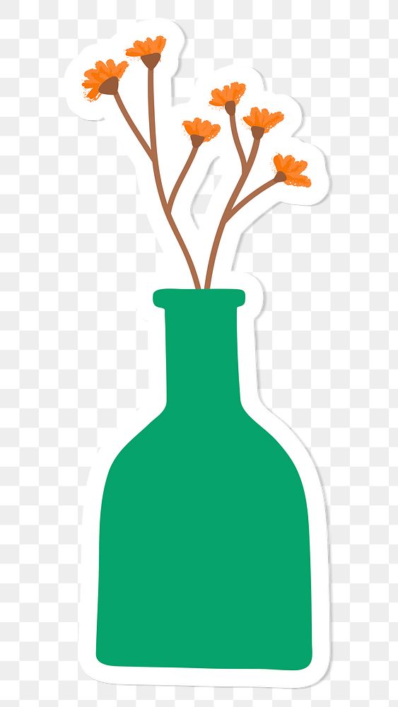Orange doodle flowers in a green bottle sticker on transparent