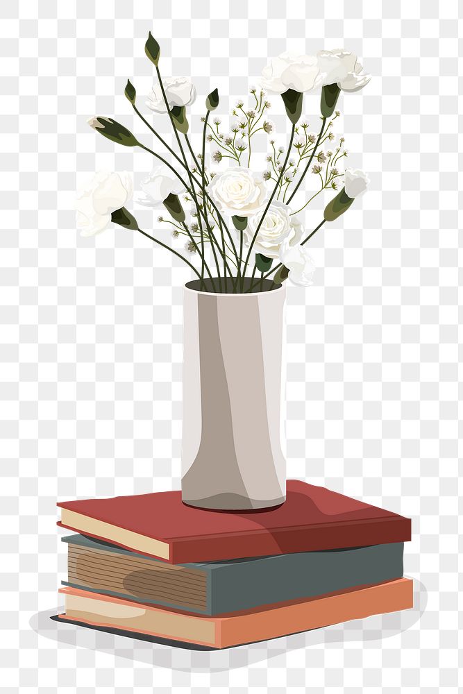 White carnation vase on a stack of books design element transparent png