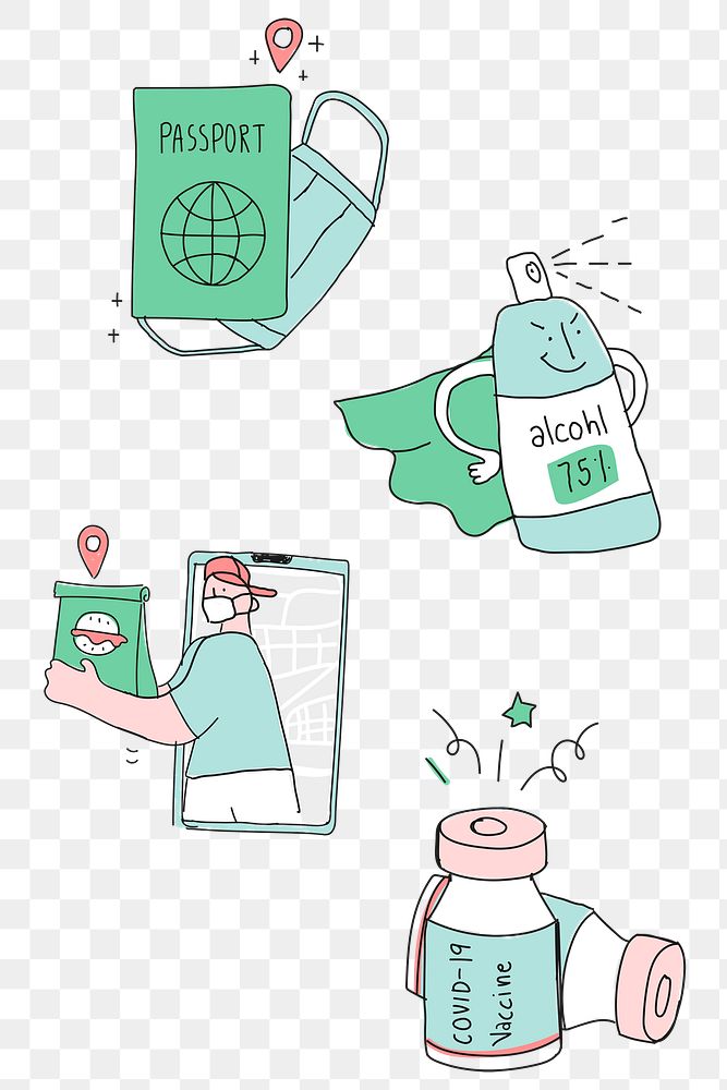 Cute COVID-19 social distancing png green doodle character set