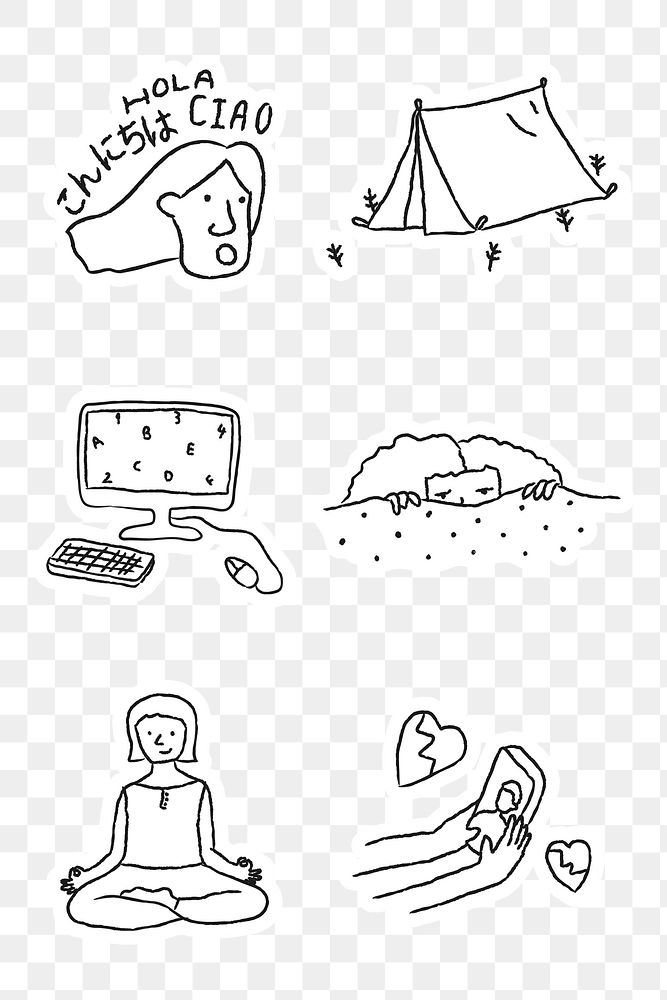 Activities at home doodle style sticker design element set