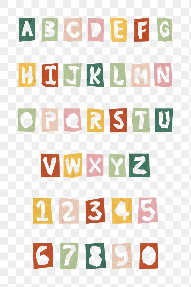 Paper cut number and alphabet png typography letter set