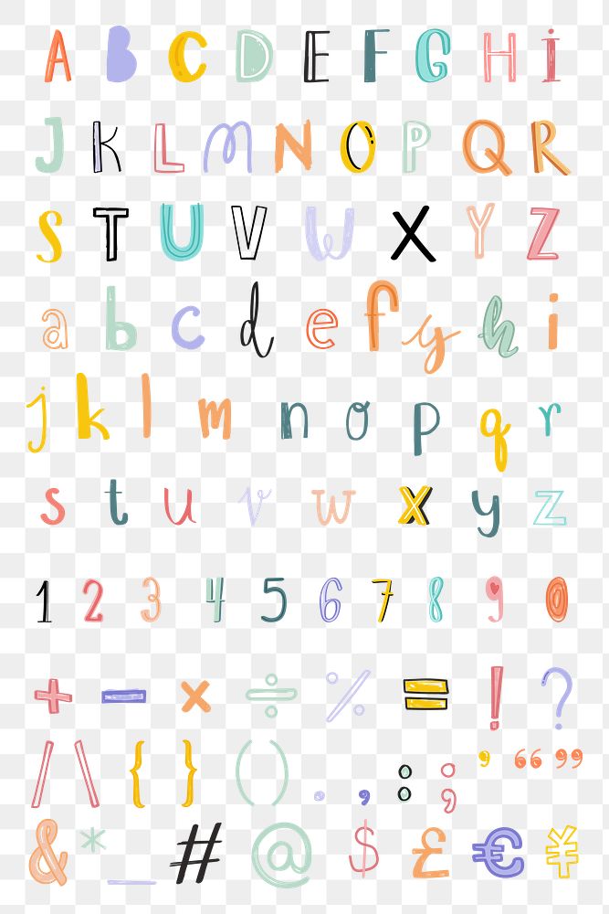Alphabet numbers punctuations png doodle font pastel set
