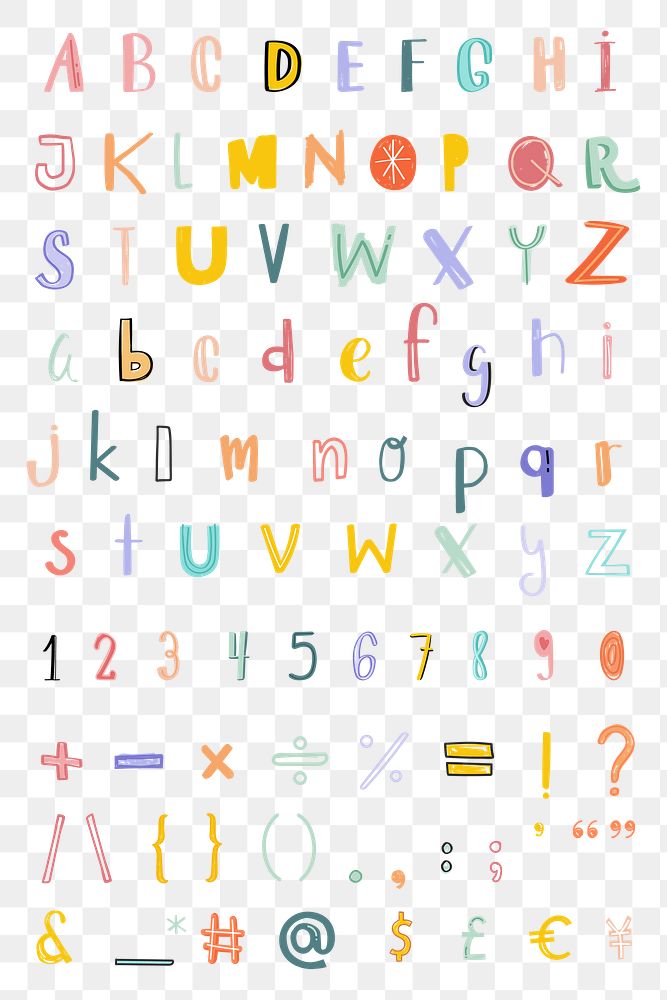 Alphabet numbers punctuations png doodle font pastel set