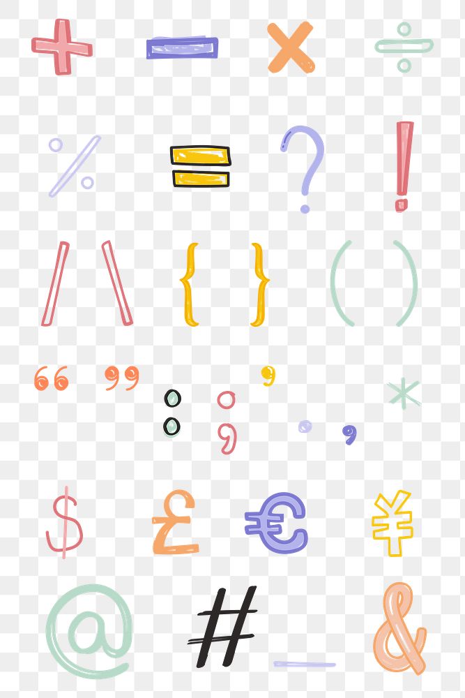 Pastel doodle font symbols png set