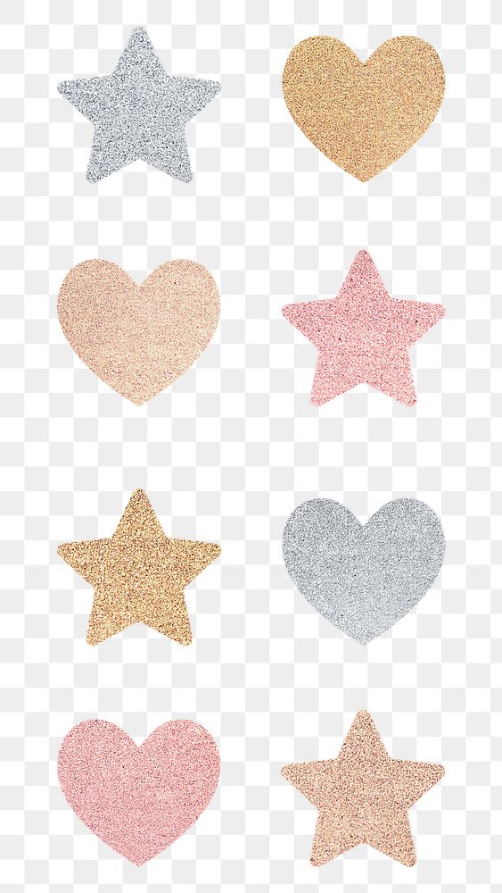 Glitter heart and star sticker set transparent png