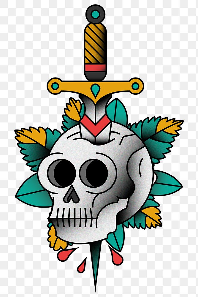 Traditional skull with sword sticker transparent png