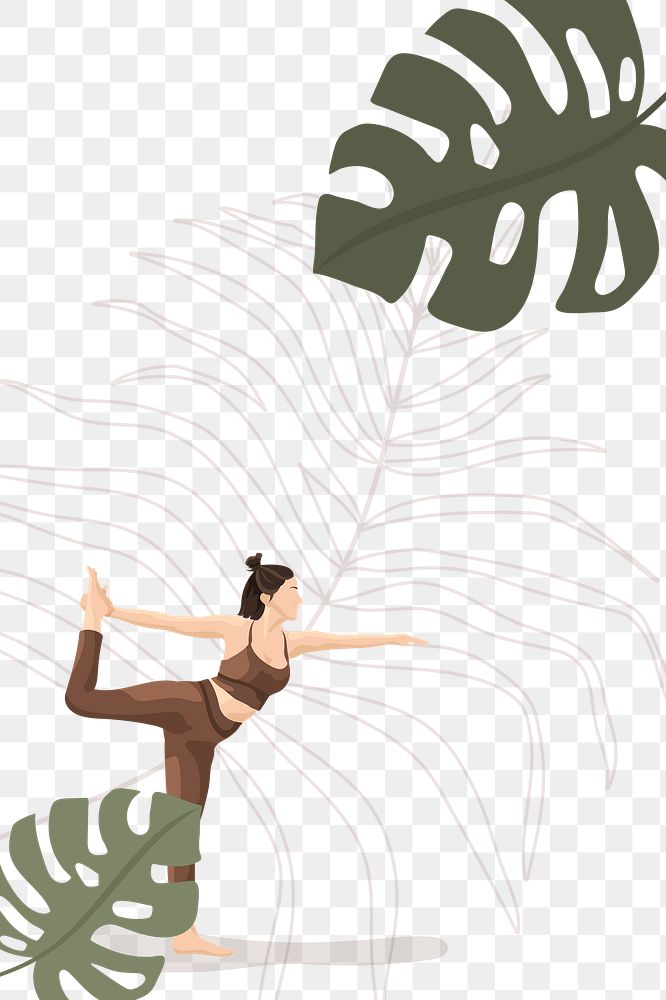 Monstera leaf png border frame with woman practicing yoga 