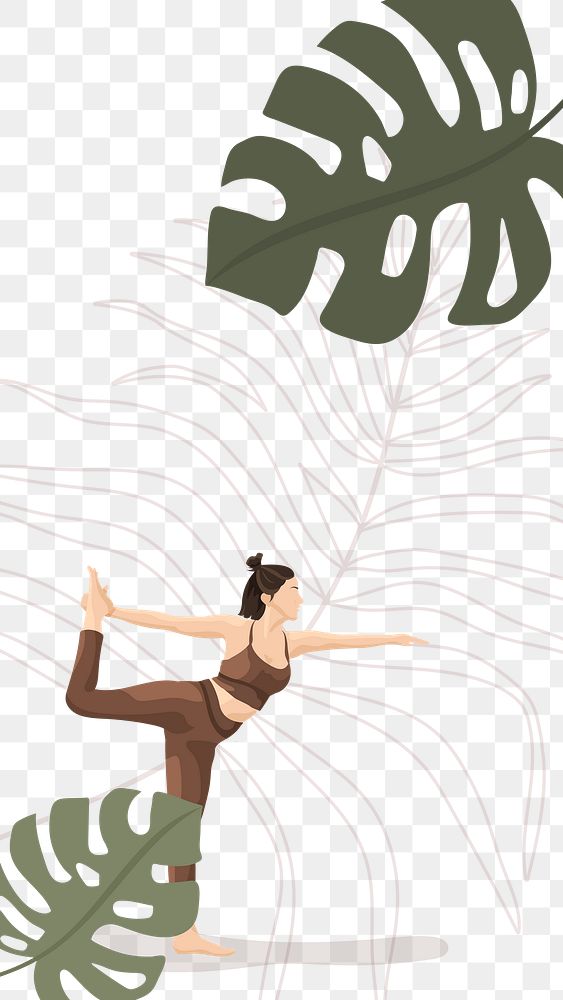 Monstera leaf png border frame with woman practicing yoga 