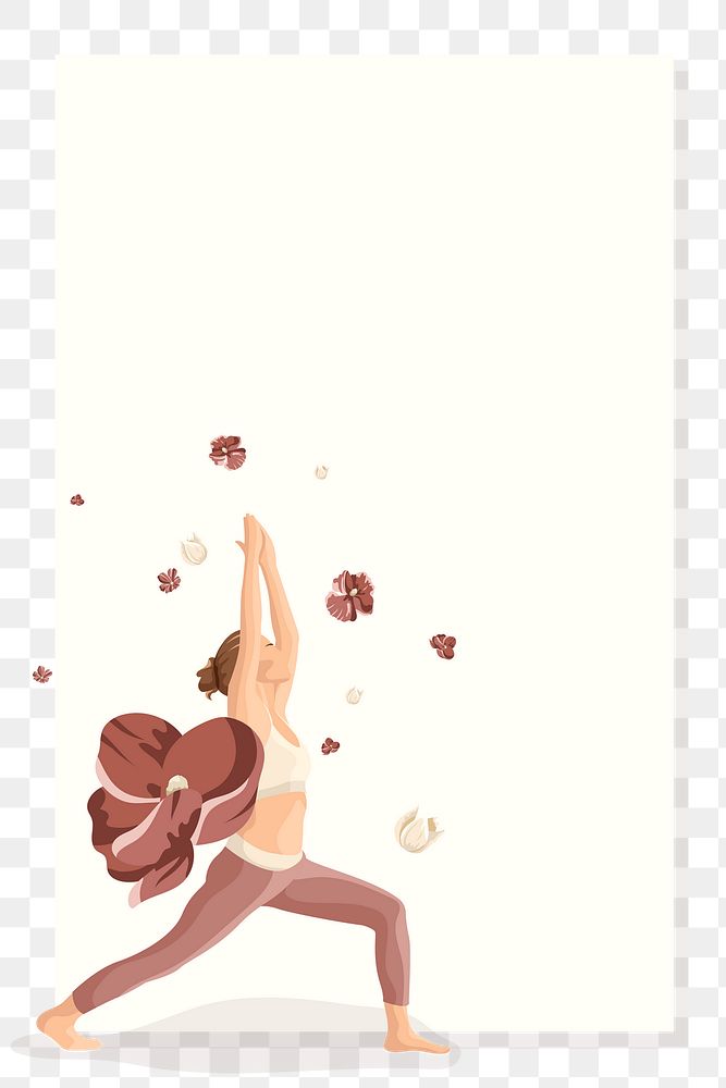 Png floral yoga frame with woman practicing warrior 1 pose