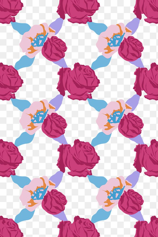 Spring floral png pattern with pink roses transparent background