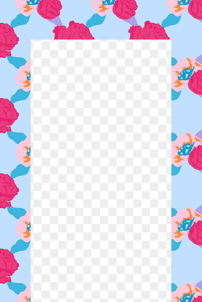 Roses png blue floral frame rectangle shape on transparent background