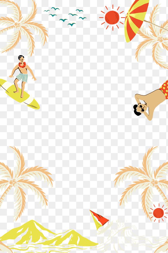 Tropical island png frame with tourist cartoon illustration