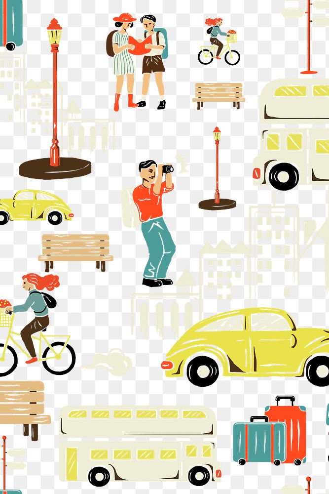 Retro City tour png cartoon pattern in travel theme