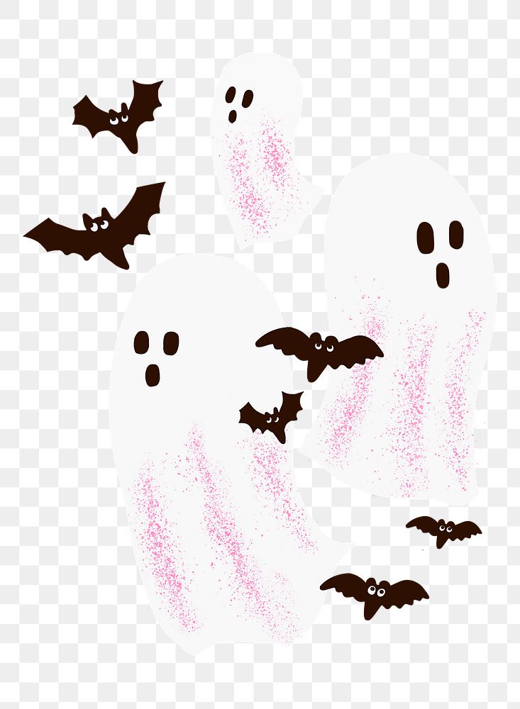 White ghosts png sticker with bats cute cartoon illustration