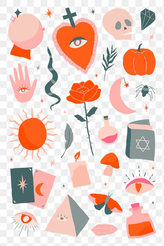 Boho witchcraft Halloween doodle png pattern background