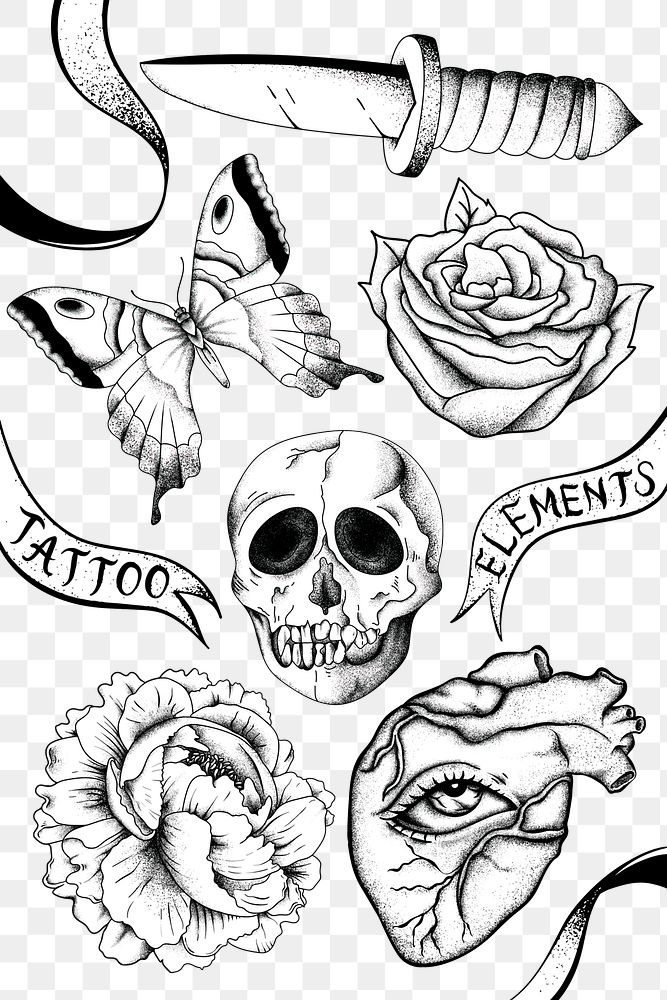 Old school flash tattoo outline png vintage symbol collection