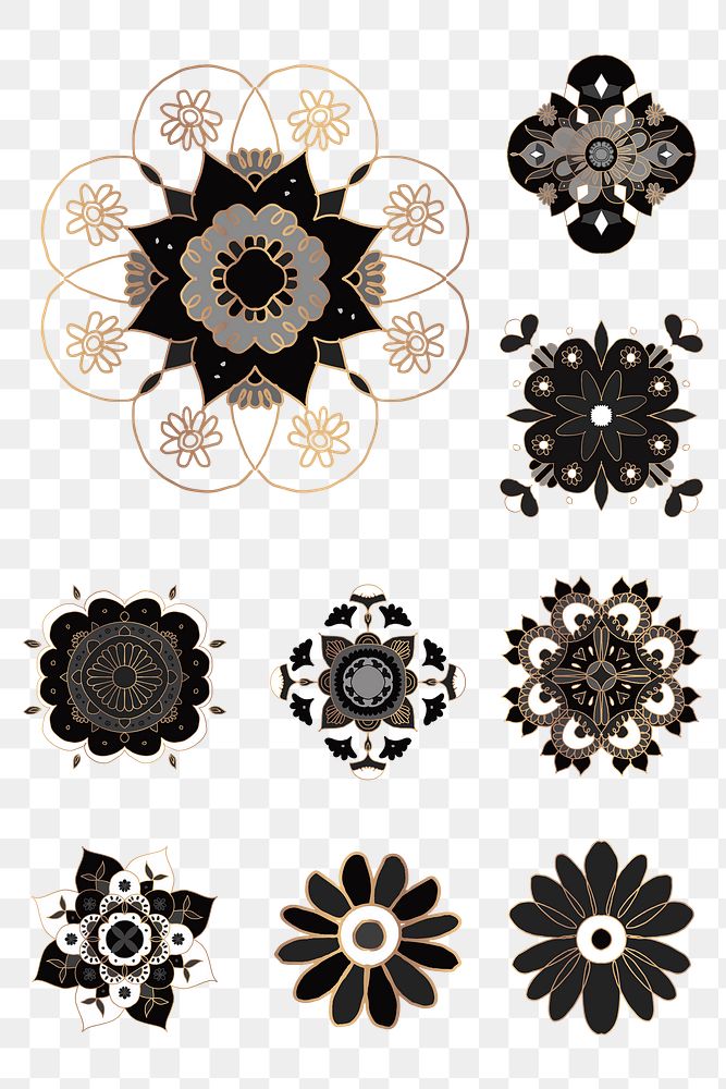 Indian Mandala pattern png sticker black floral symbol collection