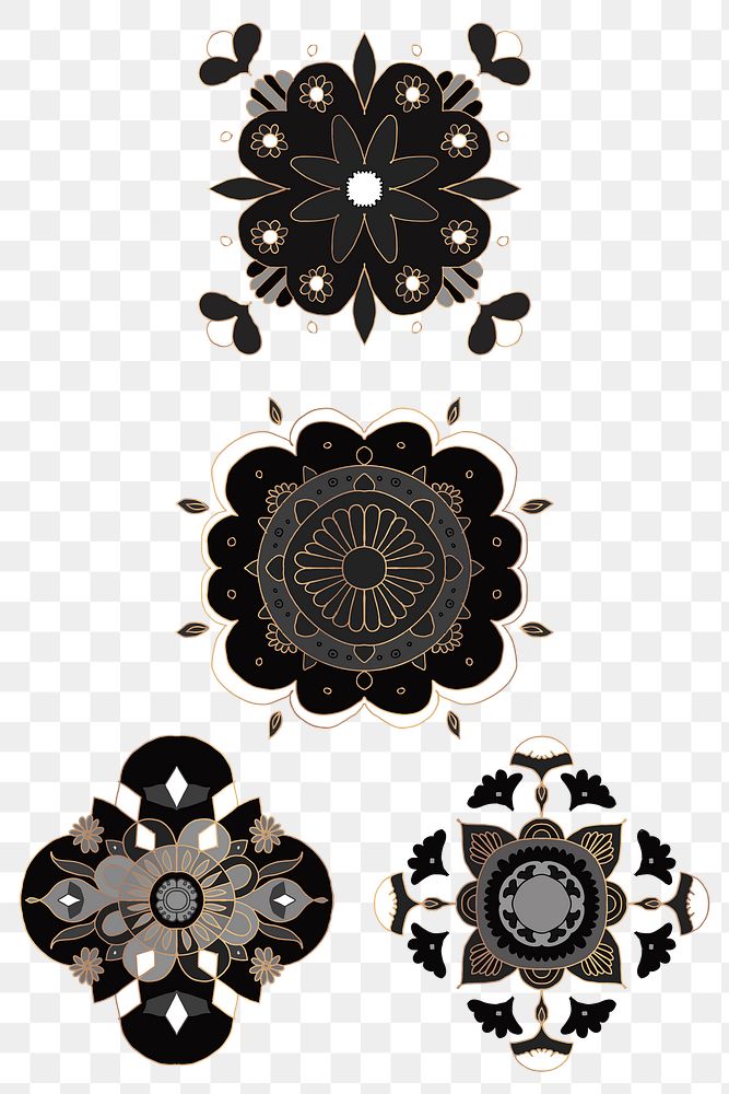 Black floral Mandala png sticker symbol set