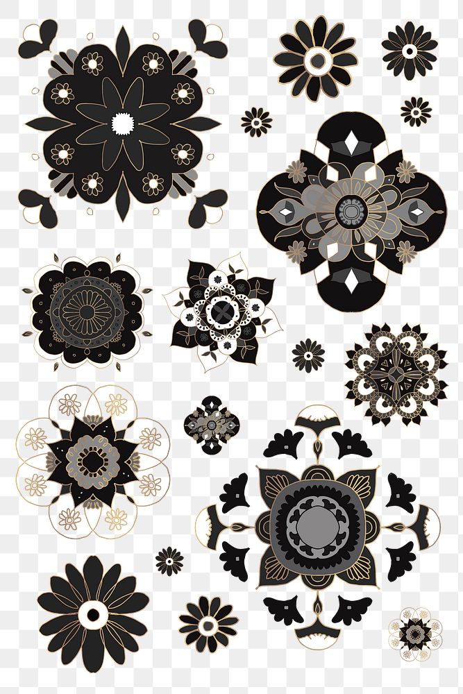 Black botanical Mandala png sticker symbol set