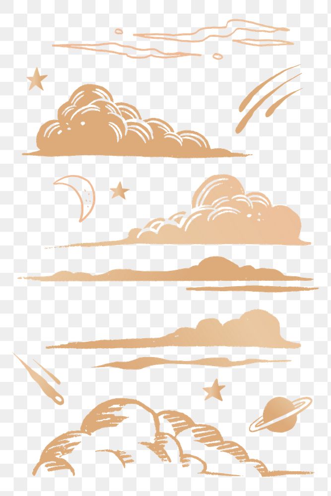 Puffy clouds gold png space doodle sticker