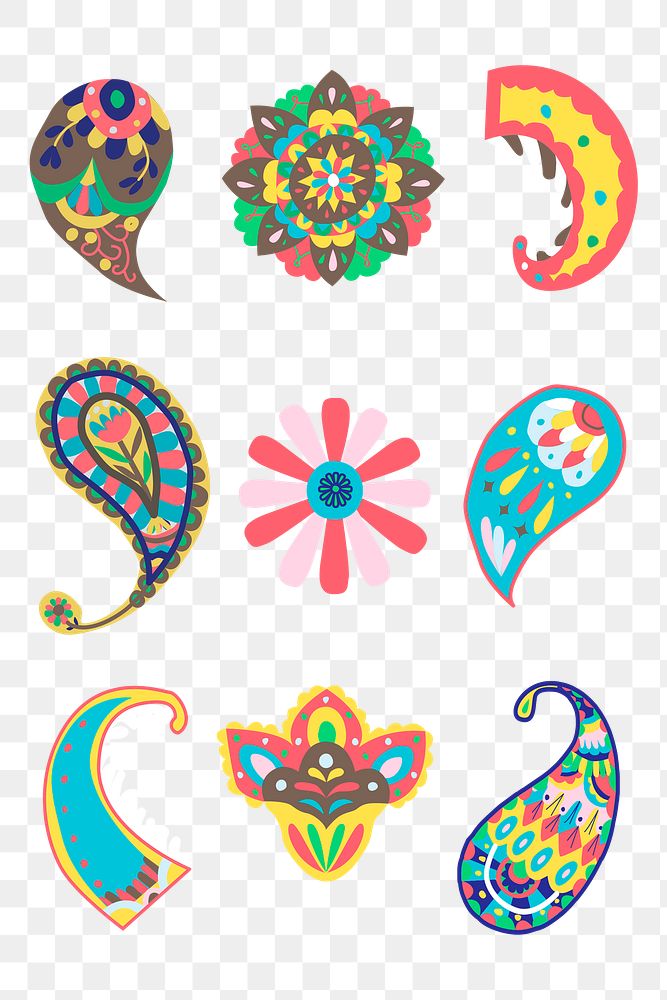Colorful paisley ornamental png sticker set