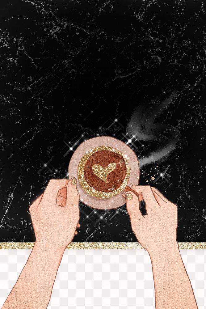 Heart on coffee png black glittery marble texture background