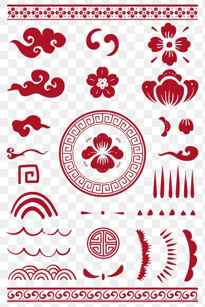 Chinese flowers red png stickers collection