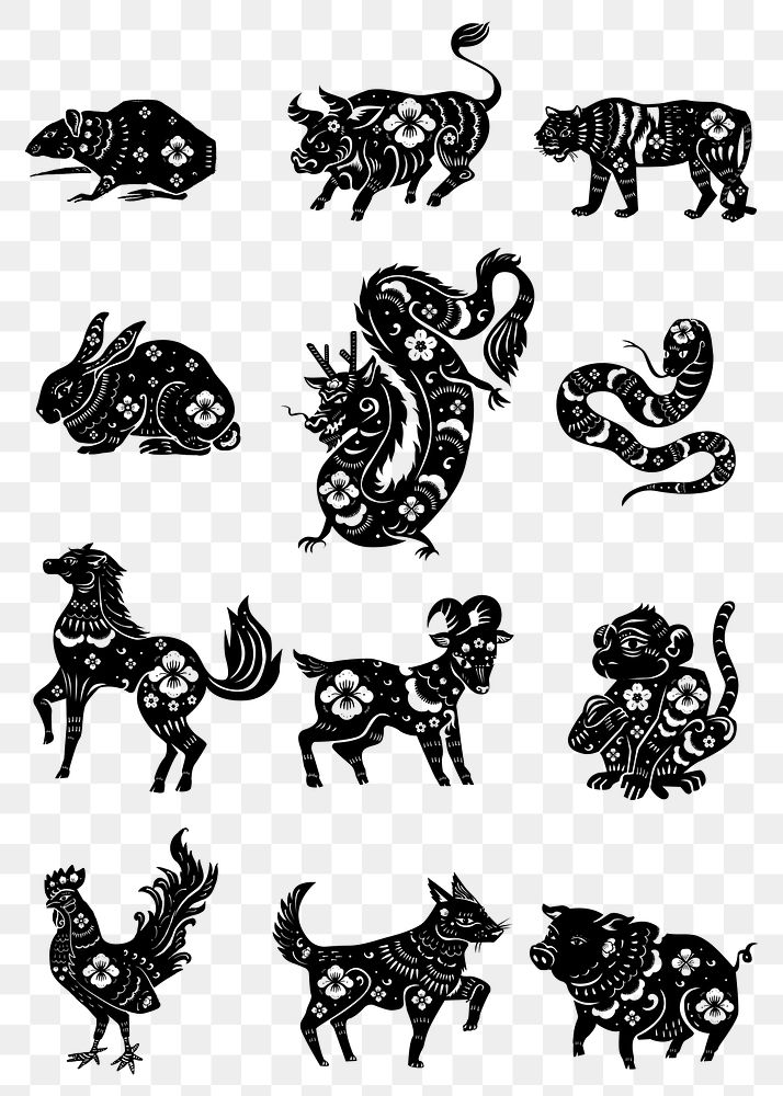Chinese animal zodiac png black new year stickers collection