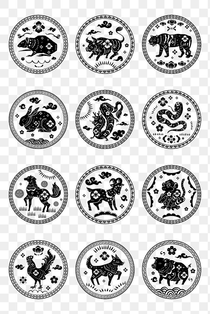 Chinese horoscope animals badges png black new year design element collection